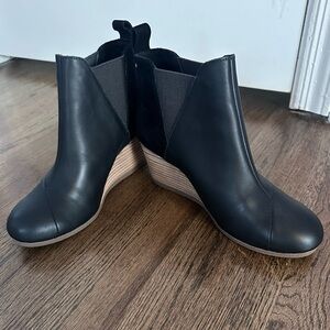 Tom's Black Ankle Boots, leather and suede with 2.5" stacked wedge heel